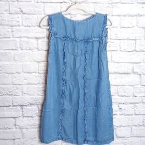 Zara S Denim Dress Mini Sleeveless Tencel Chambray Ruffle Blue SM